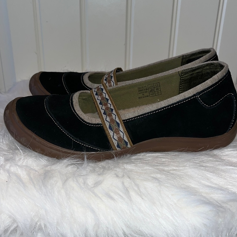 Lands End Black Suede Mary Jane Tribal Strap shoe boho granola hippie 8.5